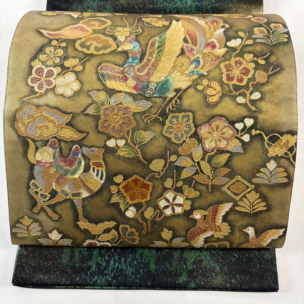 美品】 袋帯 名品 鳳凰 草花 螺鈿 箔 金色 お太鼓柄 正絹 【中古