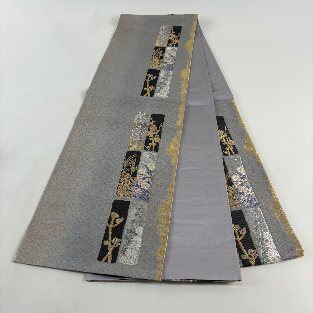 美品】 袋帯 名品 じゅらく 落款 枝梅 菊 金銀糸 箔 灰色 六通 正絹