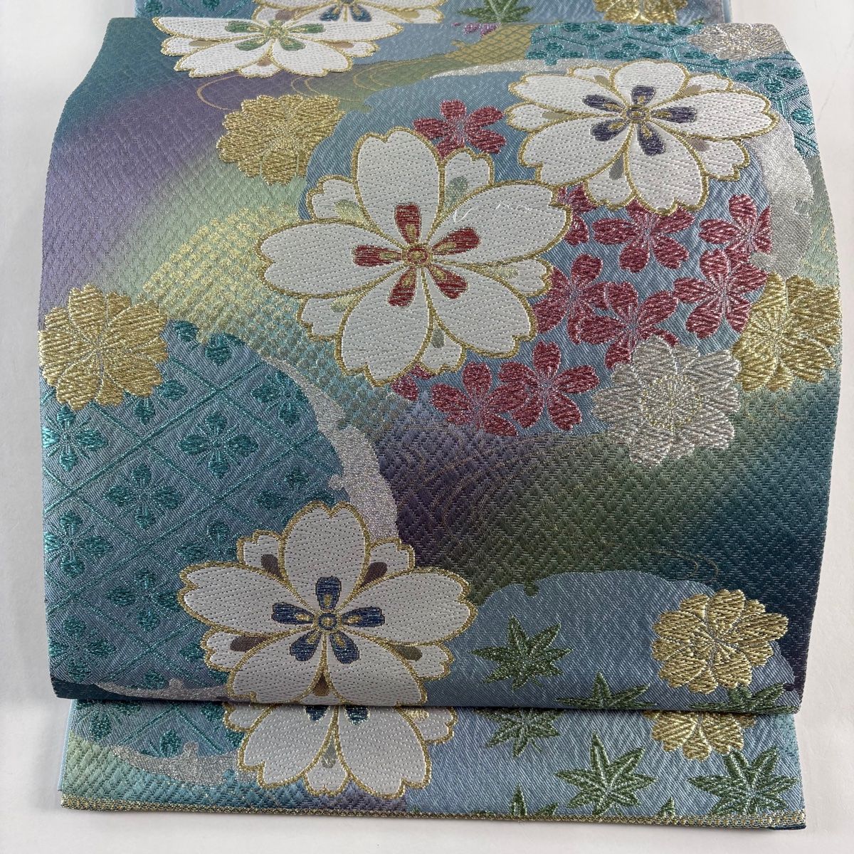 美品】 袋帯 名品 華繧繝 振袖向き 桜 雪輪 金銀糸 唐織 水色 六通