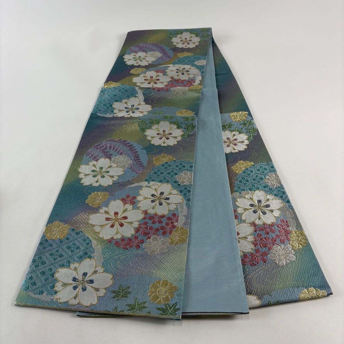美品】 袋帯 名品 華繧繝 振袖向き 桜 雪輪 金銀糸 唐織 水色 六通