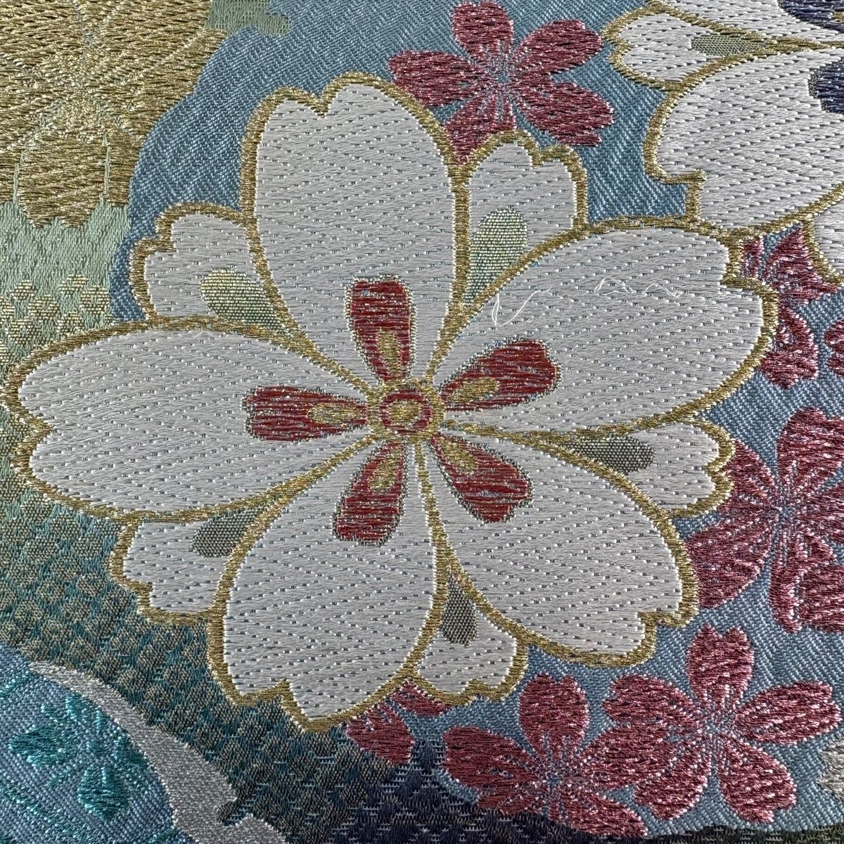 美品】 袋帯 名品 華繧繝 振袖向き 桜 雪輪 金銀糸 唐織 水色 六通
