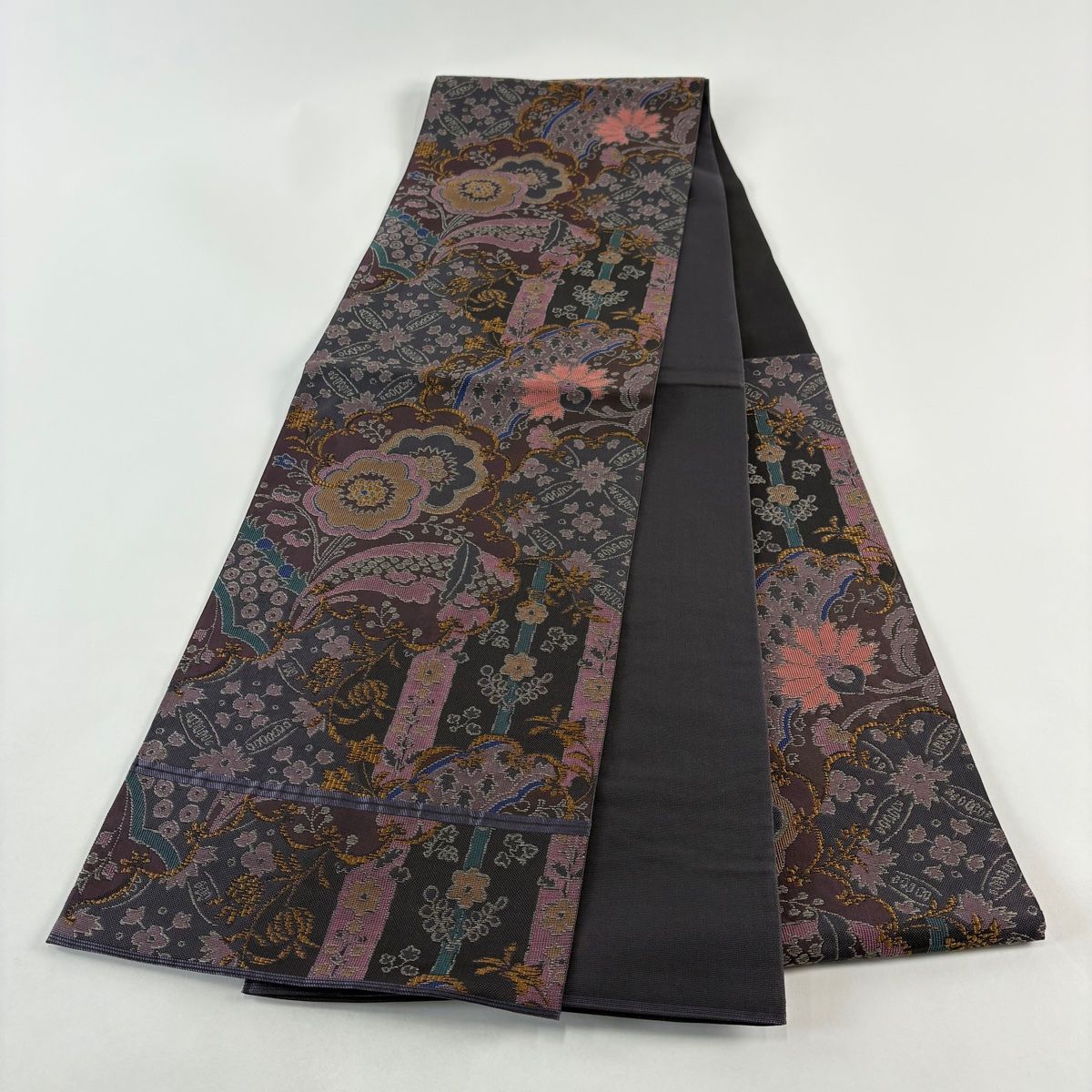 美品】 袋帯 名品 川島織物 落款 関西仕立て 草花 華文 紫 六通 正絹