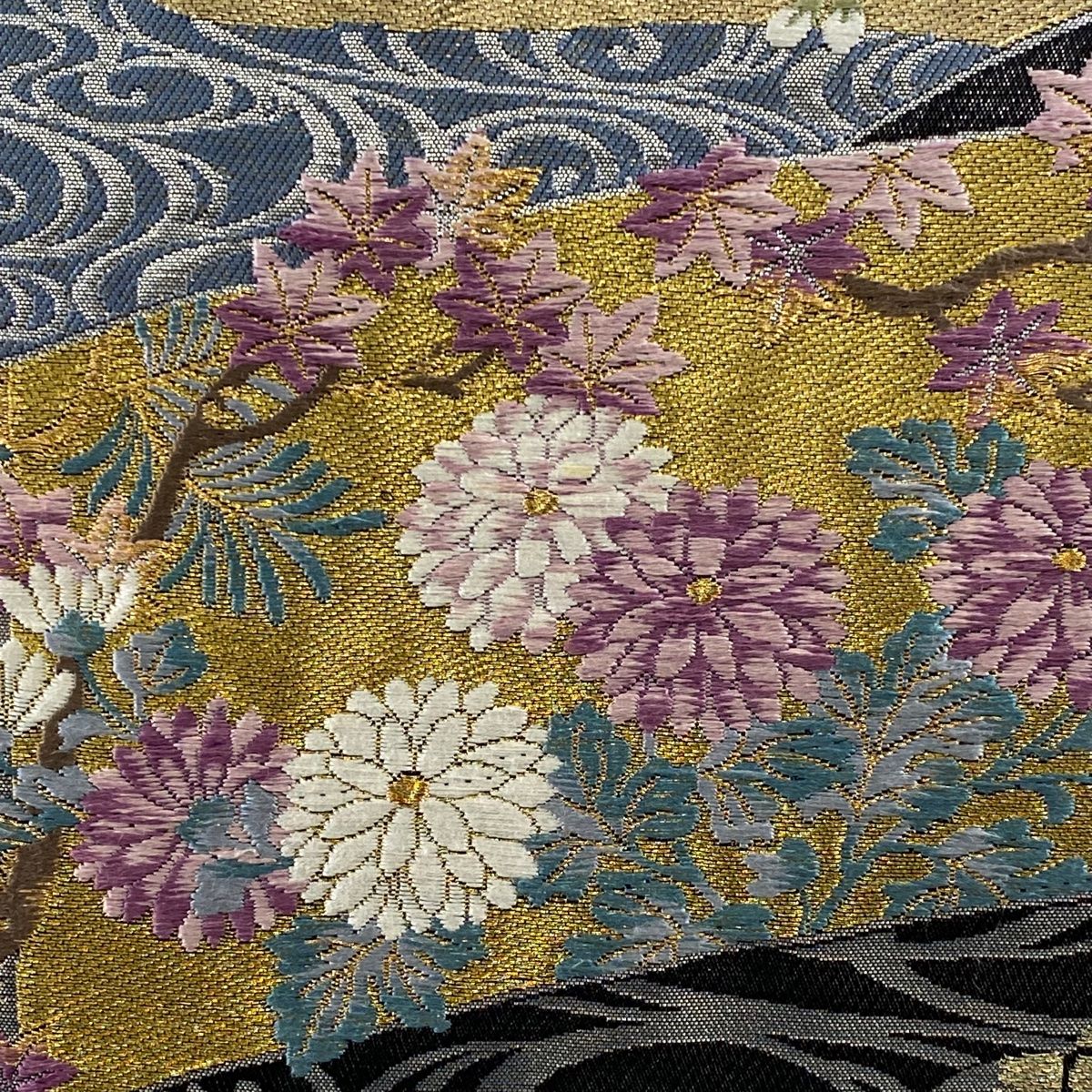袋帯 名品 じゅらく 落款 帝王紫 草花 流水 刺繍 金銀糸 黒 六通 正絹
