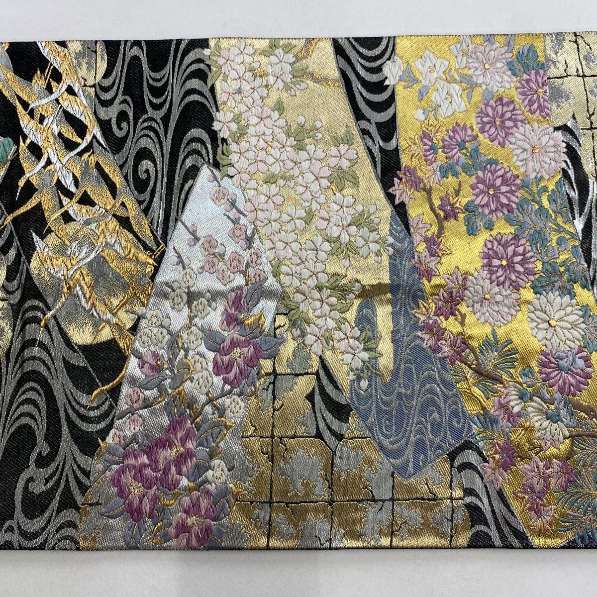 袋帯 名品 じゅらく 落款 帝王紫 草花 流水 刺繍 金銀糸 黒 六通 正絹