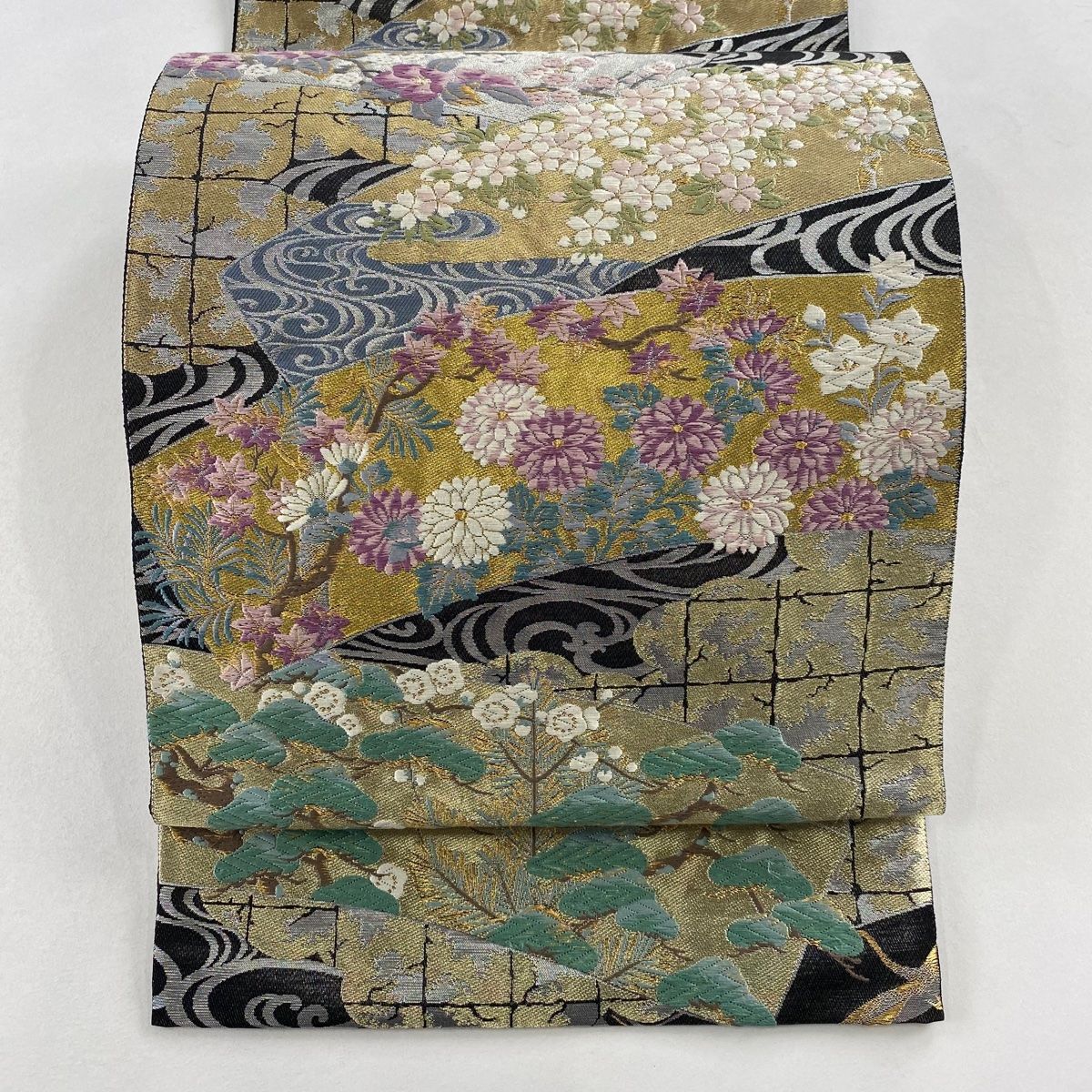 じゅらく帝王紫　袋帯　帯締め　帯揚げ　落款 袋帯 名品 じゅらく 落款 帝王紫 草花 流水 刺繍 金銀糸 黒 六通 正絹