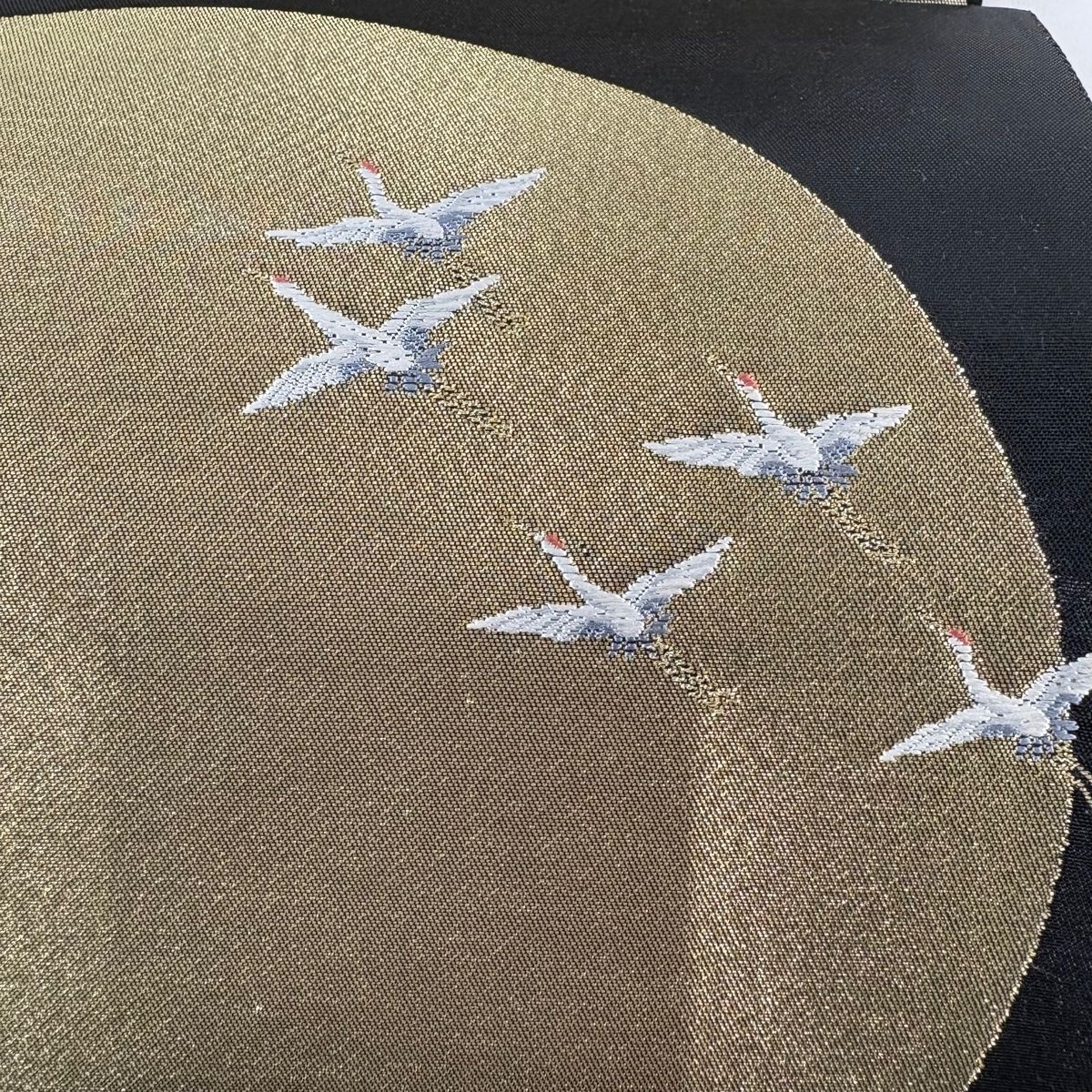 美品】 袋帯 名品 引箔袋 月光 鶴 金糸 刺繍 黒 お太鼓柄 正絹 【中古