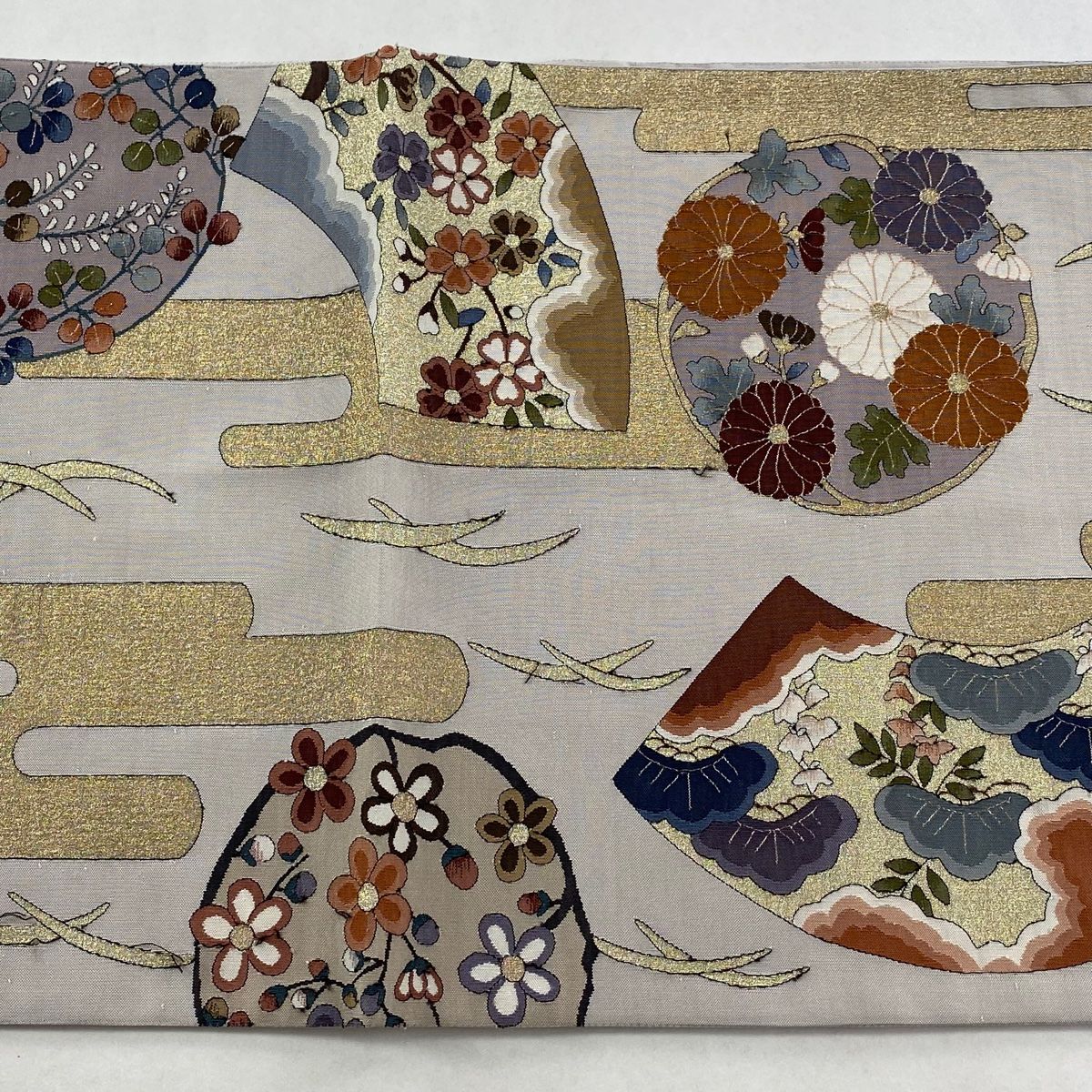 袋帯 逸品 几帳 扇面 金糸 灰色 お太鼓柄 正絹 【中古】 - メルカリ