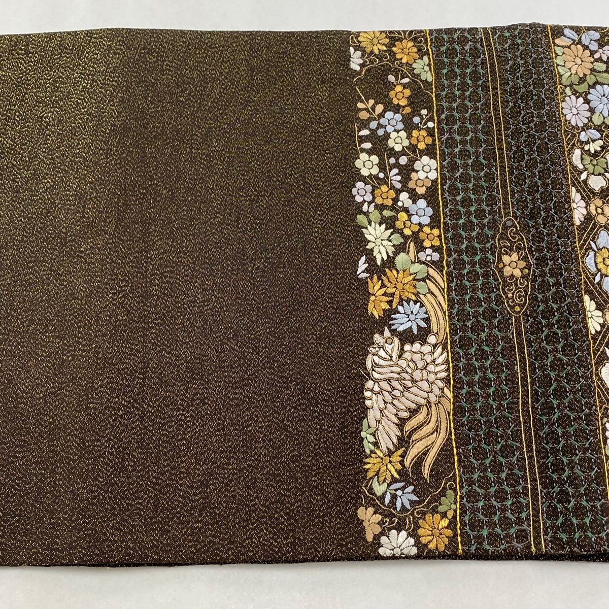 美品】 袋帯 逸品 草花 鳥 金糸 刺繍 焦茶色 六通 正絹 【中古