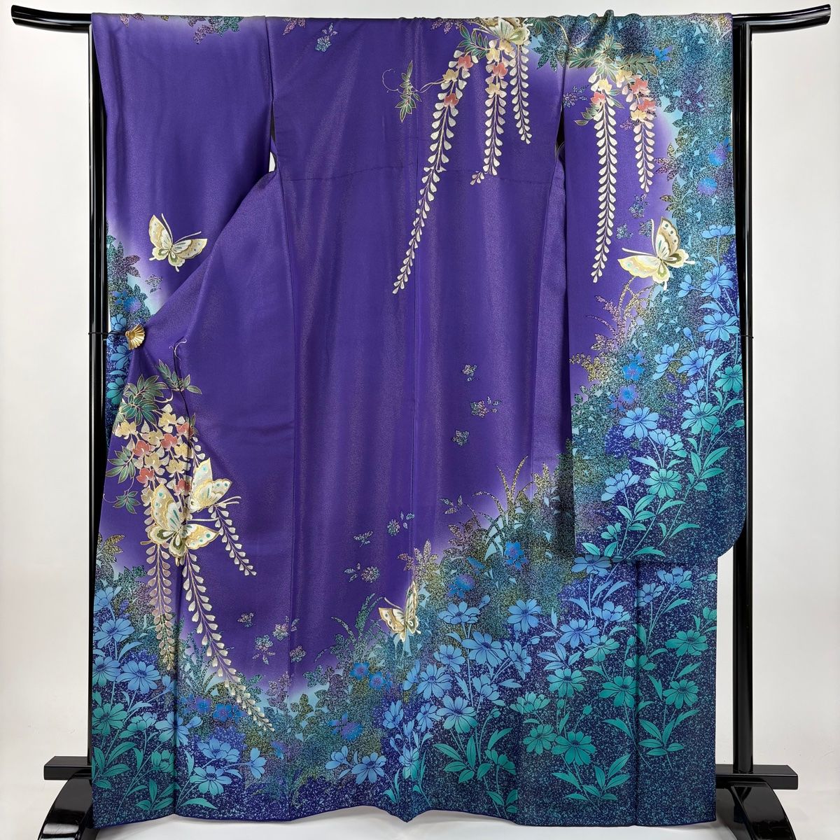 振袖 身丈166cm 裄丈66cm M 袷 蝶 藤 金通し 金銀彩 紫 正絹 名品