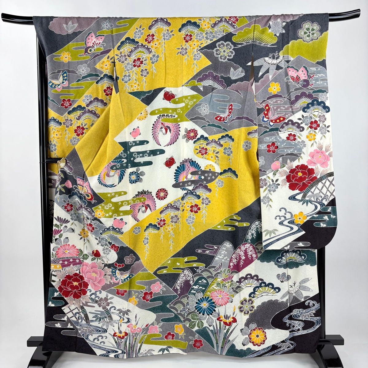 振袖 身丈165cm 裄丈69cm L 袷 鶴 草花 染め分け 山吹色 正絹 名品