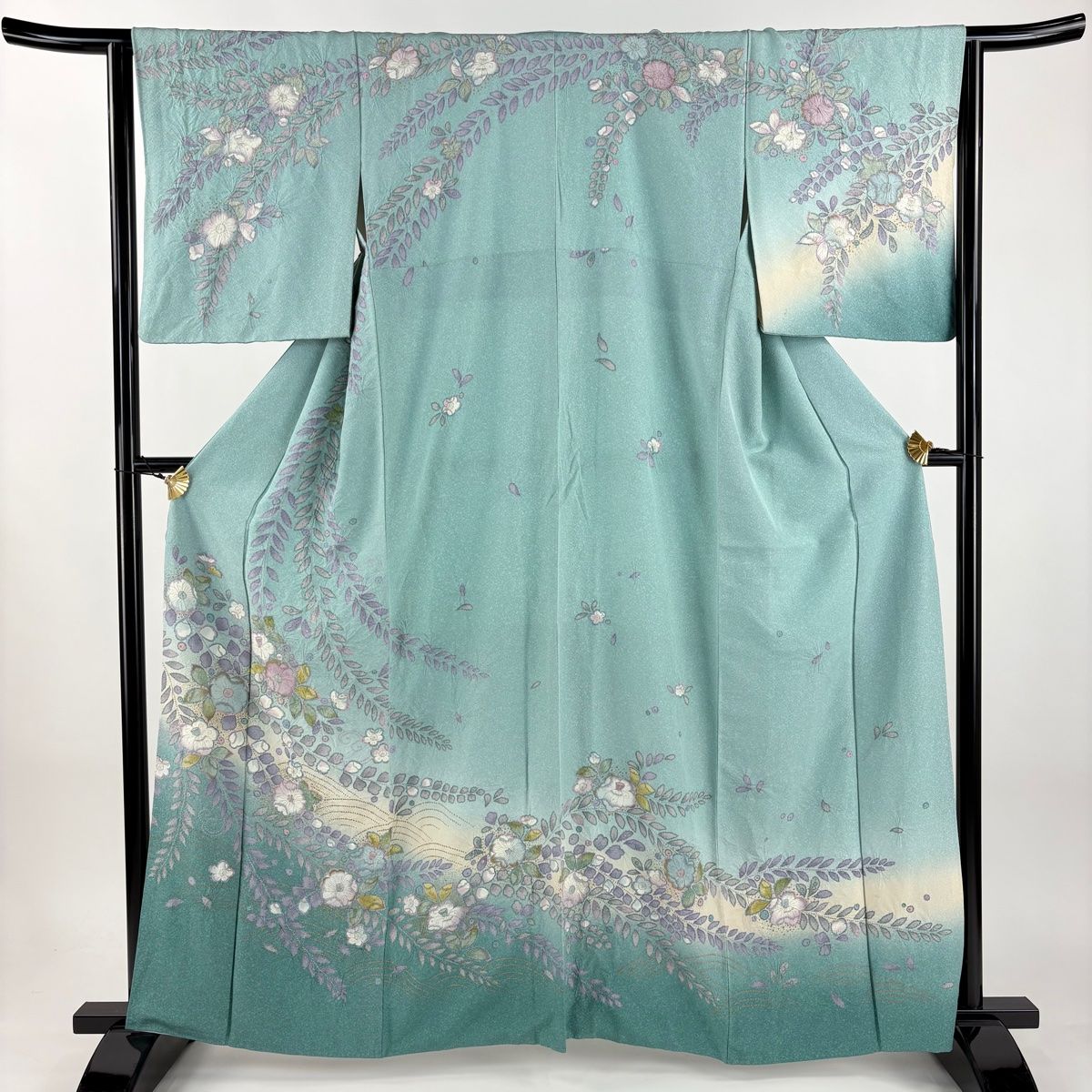 訪問着 身丈161.5cm 裄丈65.5cm M 袷 辻が花 波 金彩 ぼかし 薄青緑 