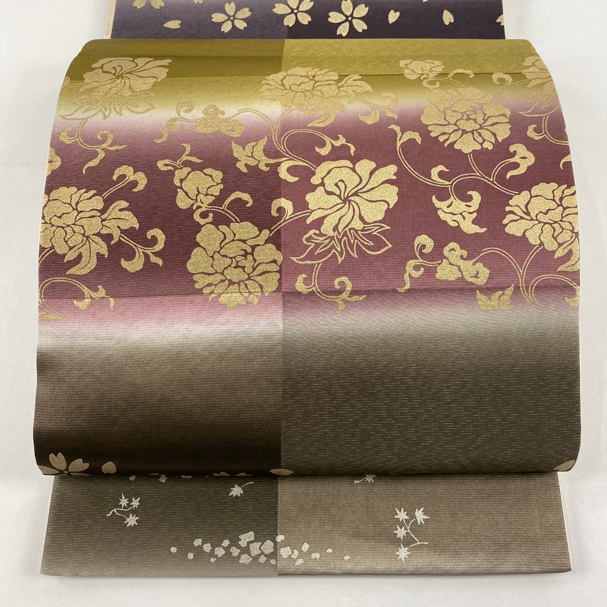 美品】 袋帯 秀品 落款 一期一会 花唐草 段縞 銀糸 金銀彩 赤紫 六通