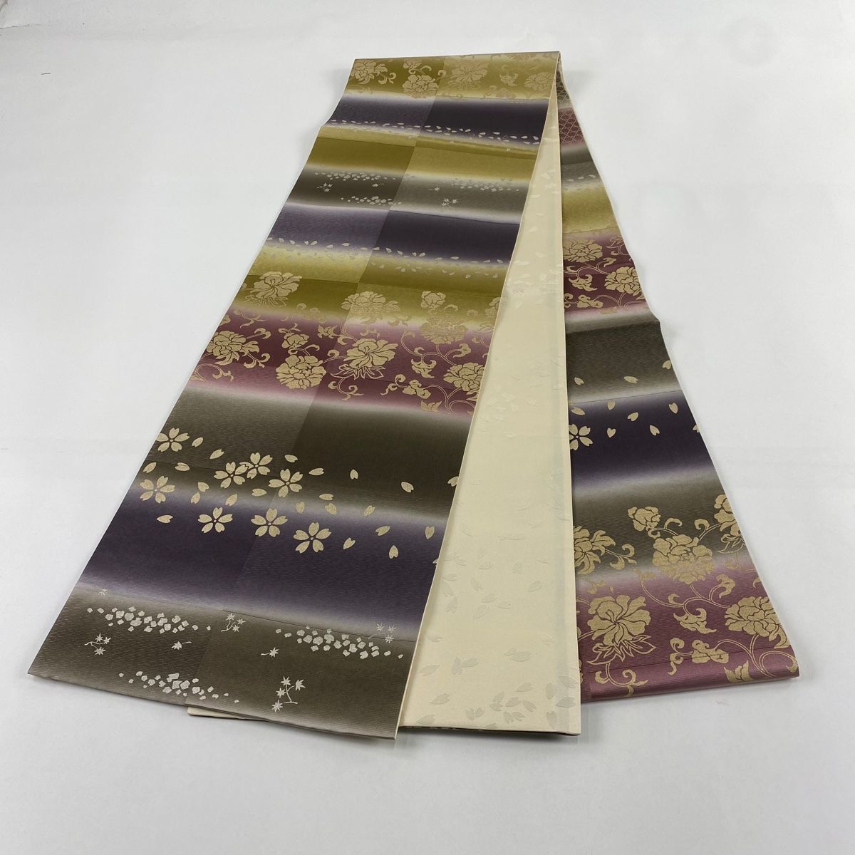 美品】 袋帯 秀品 落款 一期一会 花唐草 段縞 銀糸 金銀彩 赤紫 六通