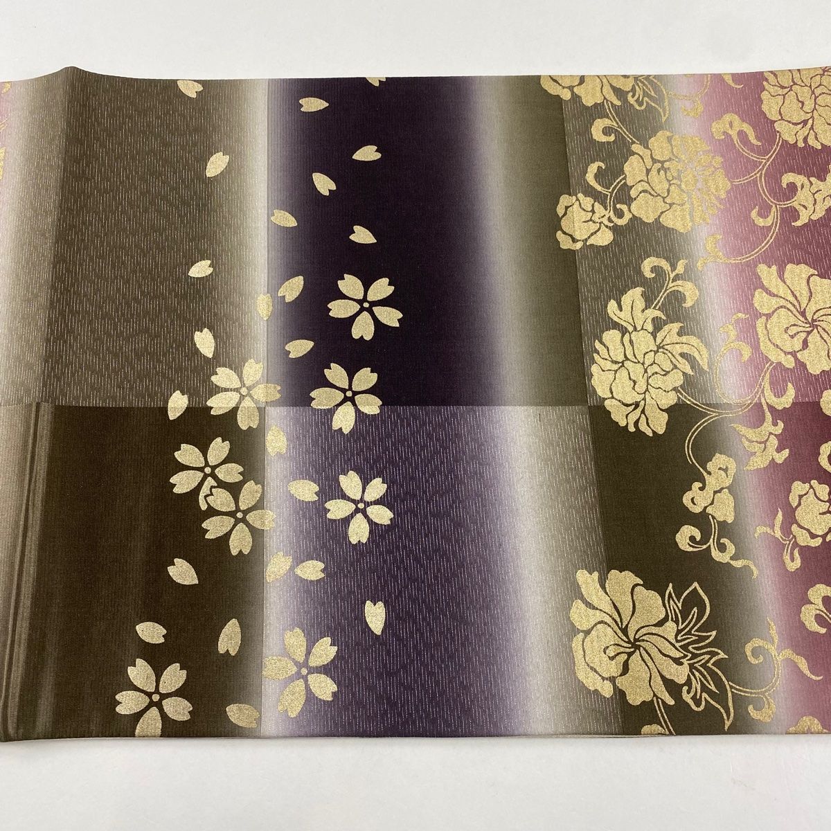 美品】 袋帯 秀品 落款 一期一会 花唐草 段縞 銀糸 金銀彩 赤紫 六通