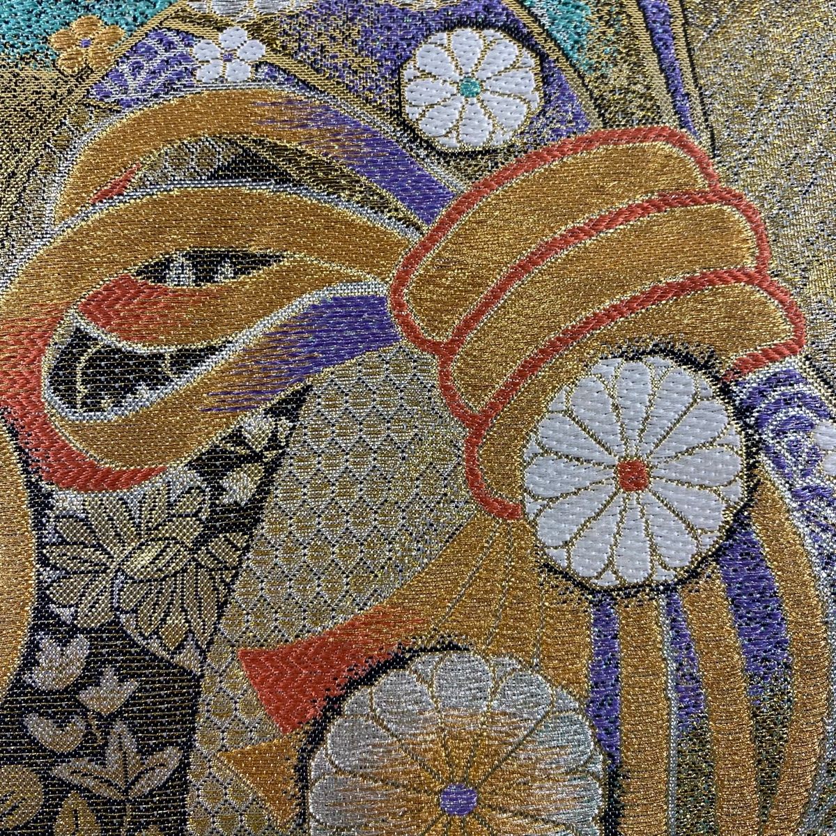 美品】 袋帯 秀品 やまと 束ね熨斗 草花 金銀糸 箔 金色 六通 正絹