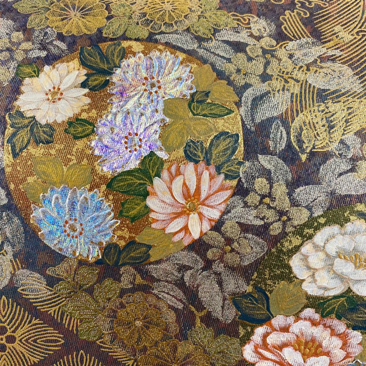 袋帯 秀品 草花 波 金銀糸 箔 茶紫 お太鼓柄 正絹 【中古】 - メルカリ