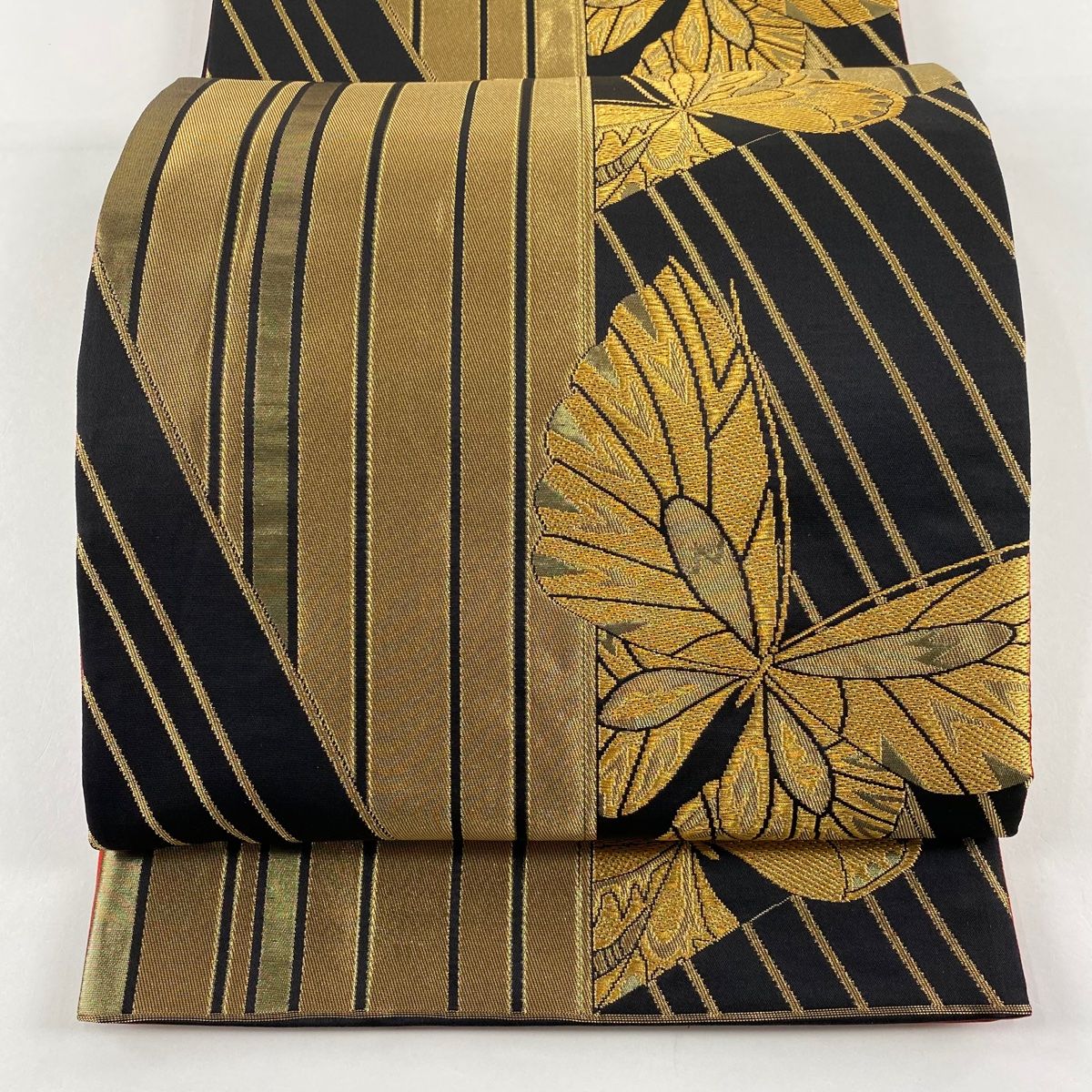 金　黒　袋帯　誂え商品　正絹　金糸　織込み刺繍 袋帯 美品 秀品 蝶 草花 金糸 箔 黒 六通 正絹 中古 : リユース