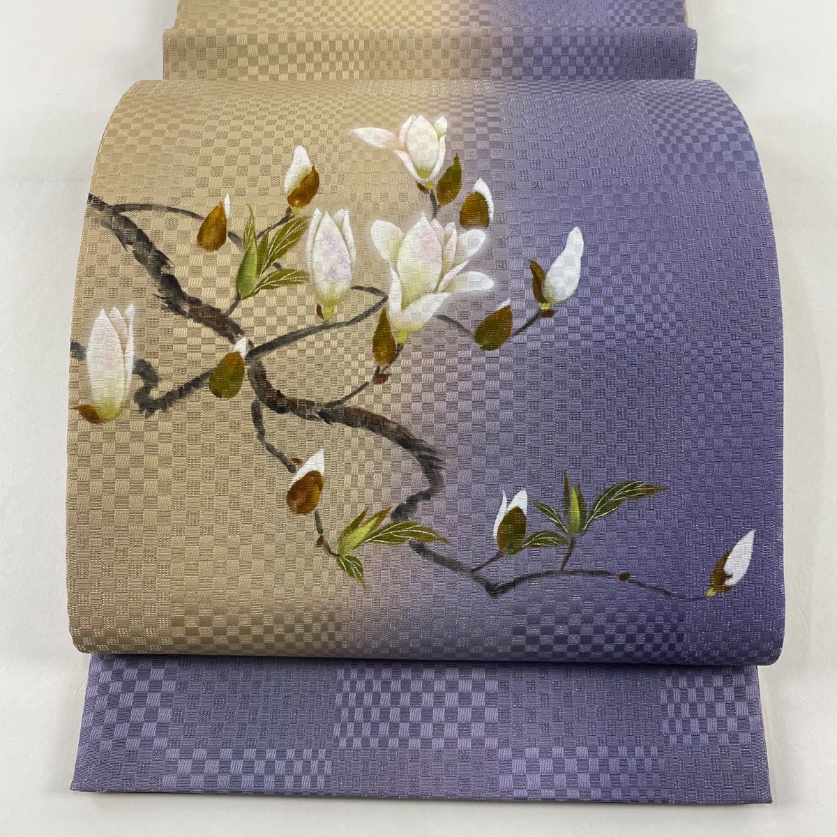 美品】 袋帯 秀品 落款 枝花 銀糸 ぼかし 灰紫 お太鼓柄 正絹 【中古