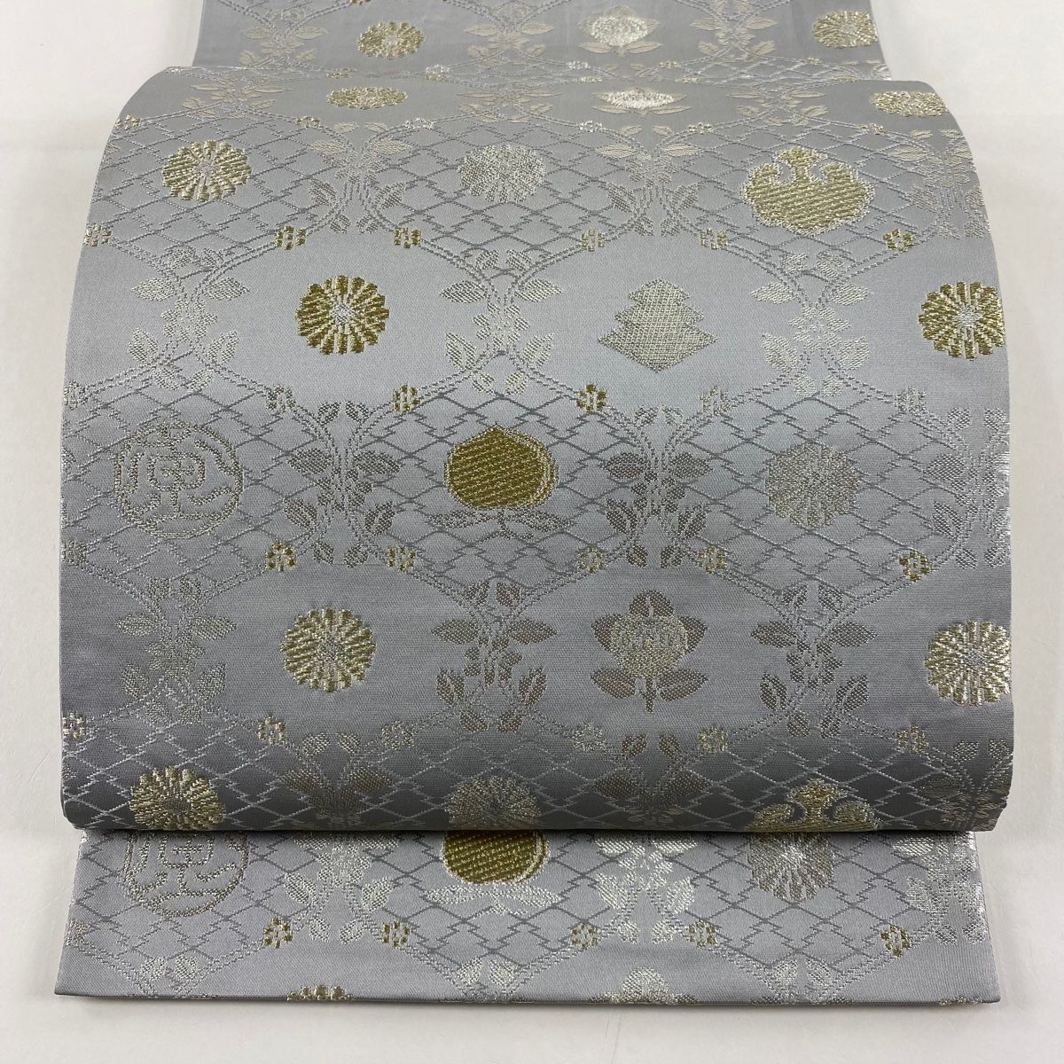 絹＋金糸 グレー系 段暈し織×立涌 六通柄 袋帯 ガード加工 美品 絹＋金糸 グレー系 段暈し織×立涌 六通柄 袋帯