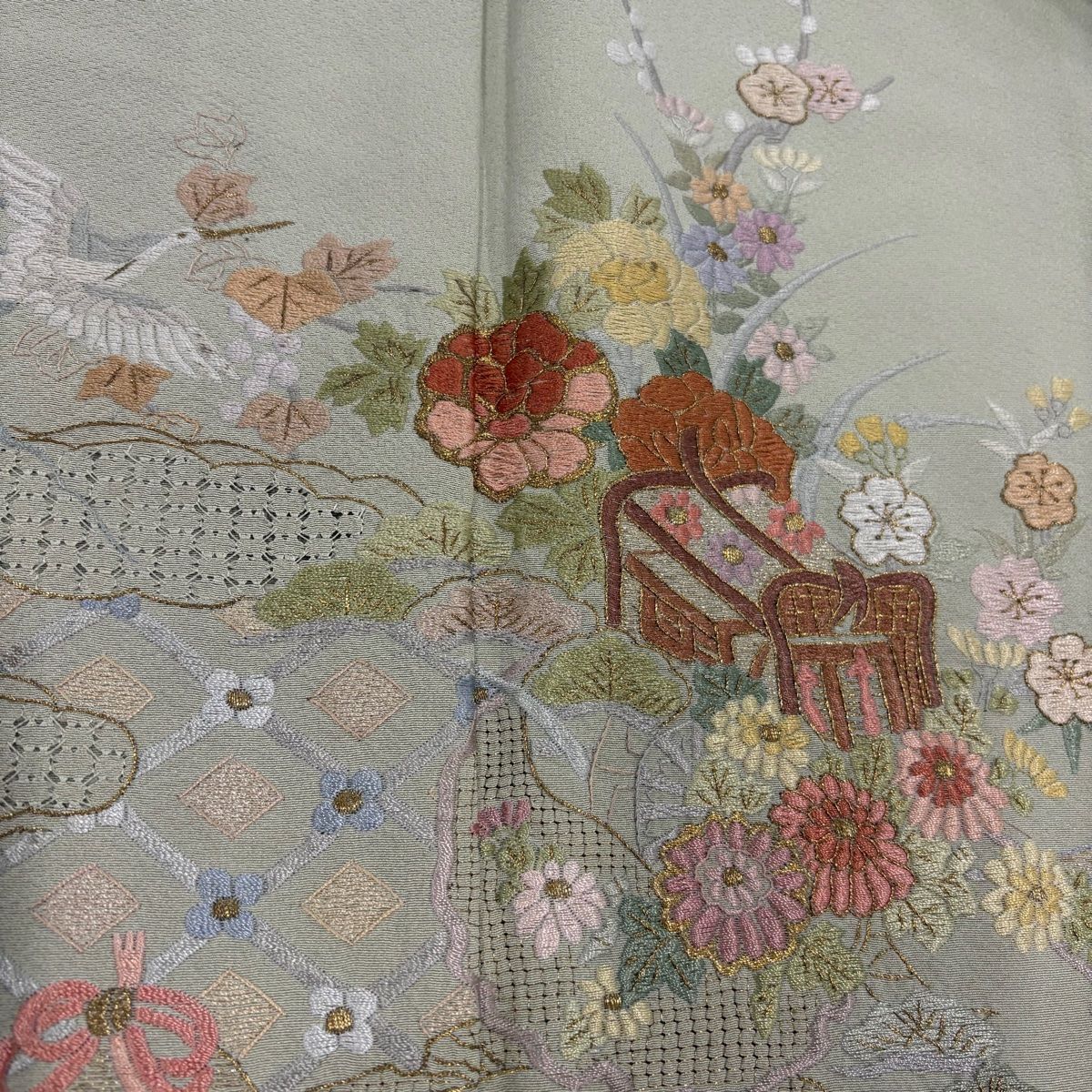 訪問着 身丈159cm 裄丈64.5cm M 袷 御所車 花鳥 刺繍 金糸 薄緑 正絹