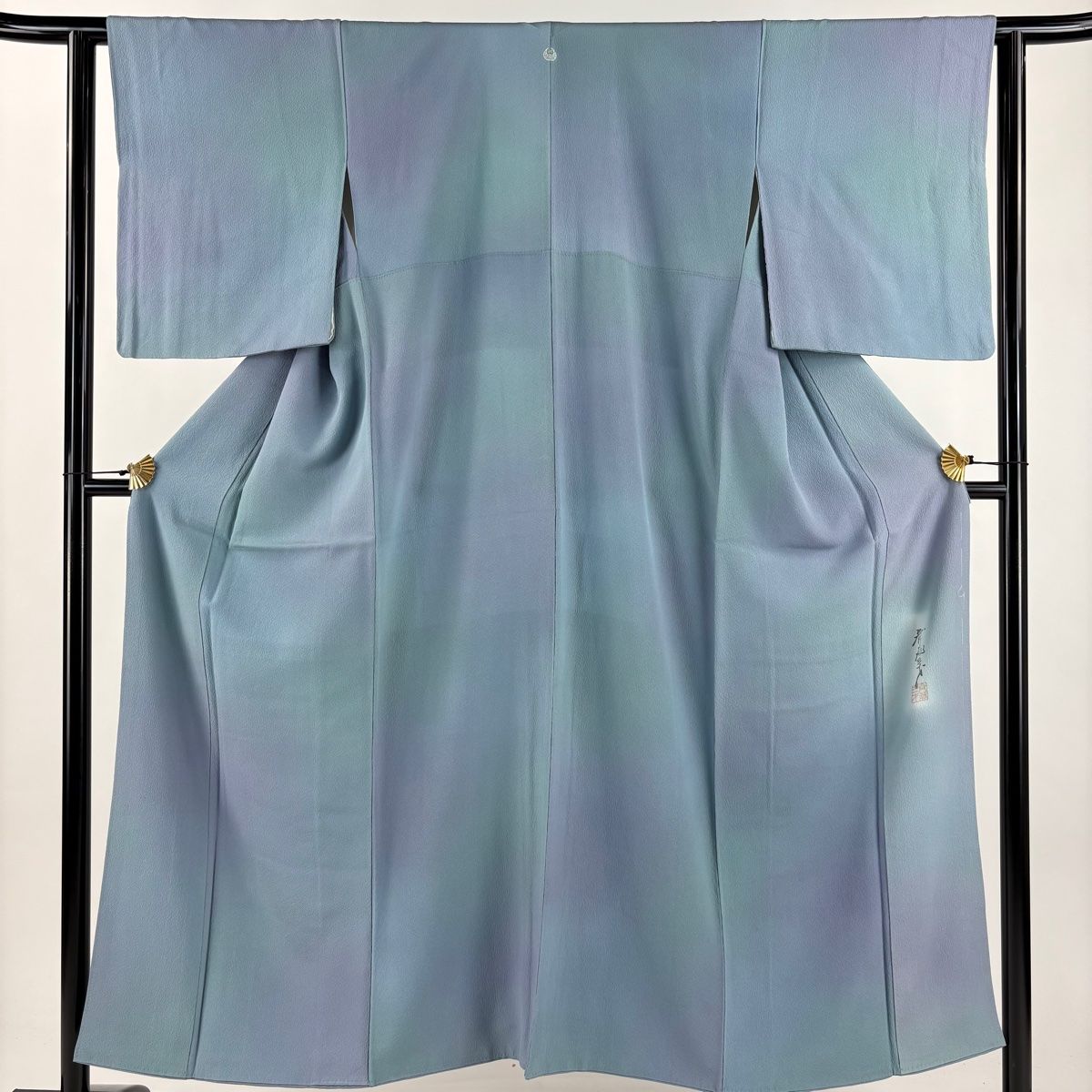 小紋 身丈151.5cm 裄丈63cm S 袷 斉藤三才 落款 ぼかし柄 青灰色 正絹