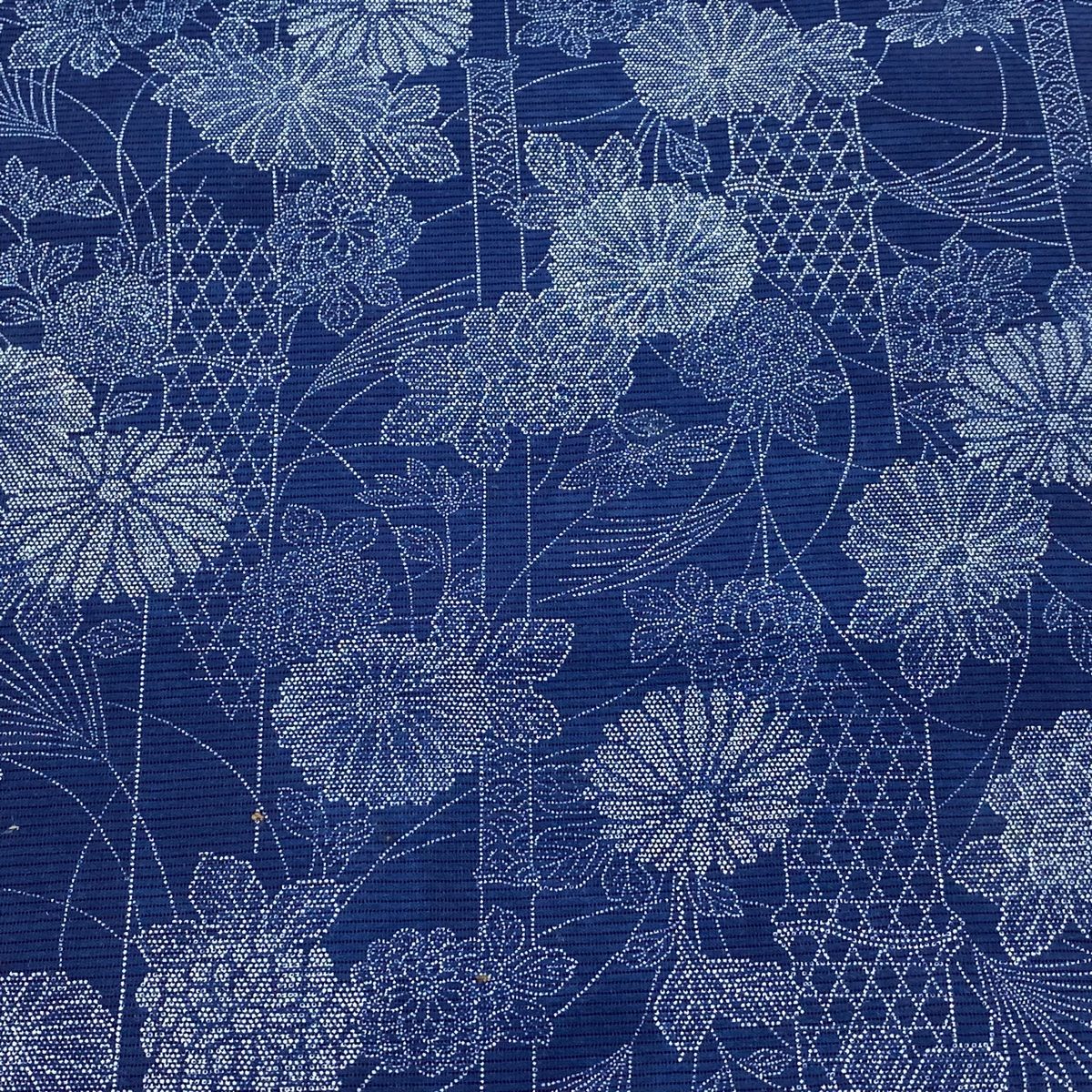反物 小紋 絽 恩田染工場落款 菊 竹 藍色 綿