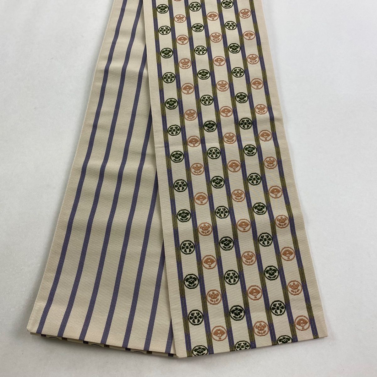 半幅帯 優品 博多織 証紙 縞 丸文 ベージュ 正絹
