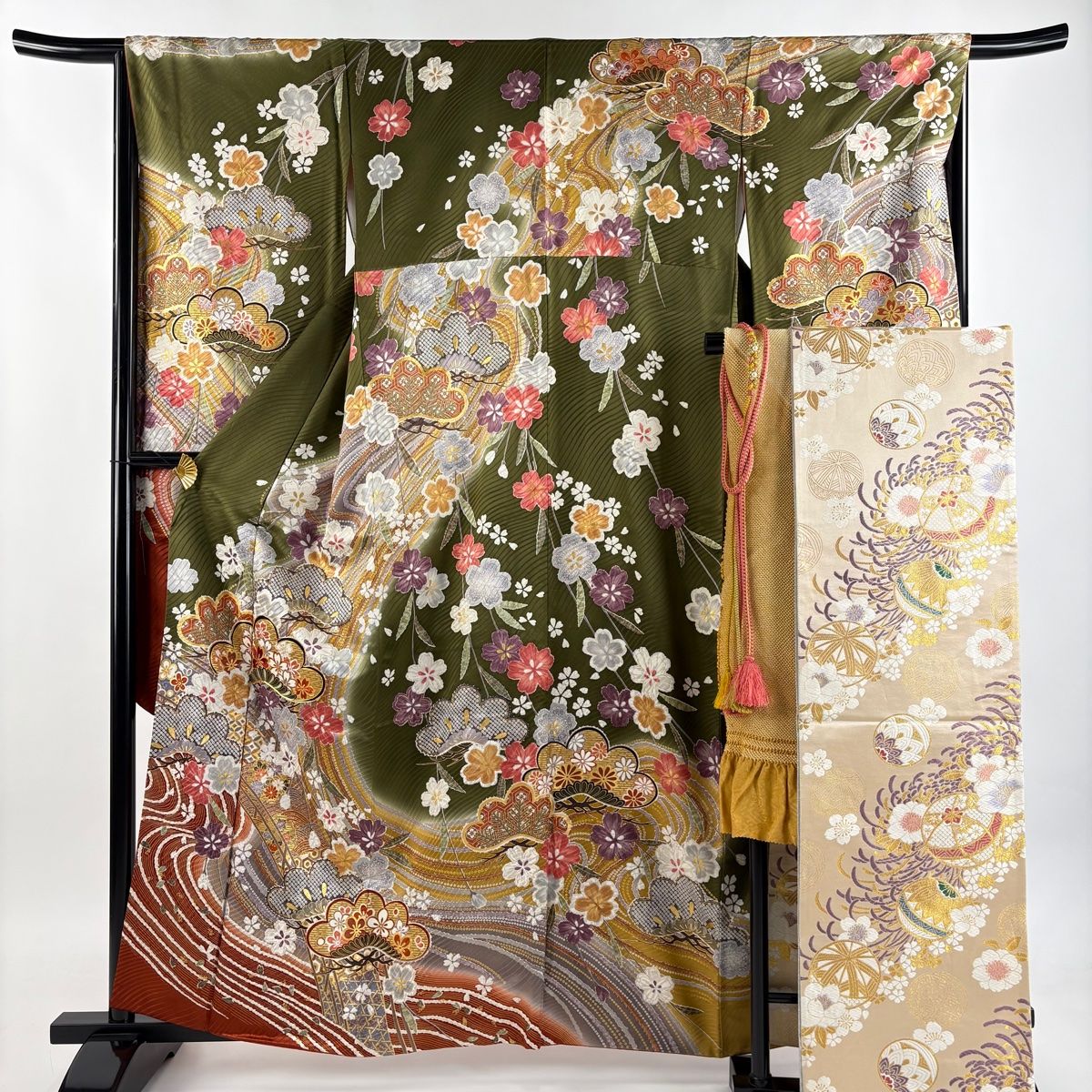 【美品】 振袖 身丈160.5cm 裄丈66.5cm M 袷 袋帯フルセット 笠松 枝垂れ桜 金糸 金彩 鶯色 正絹 秀品 【】