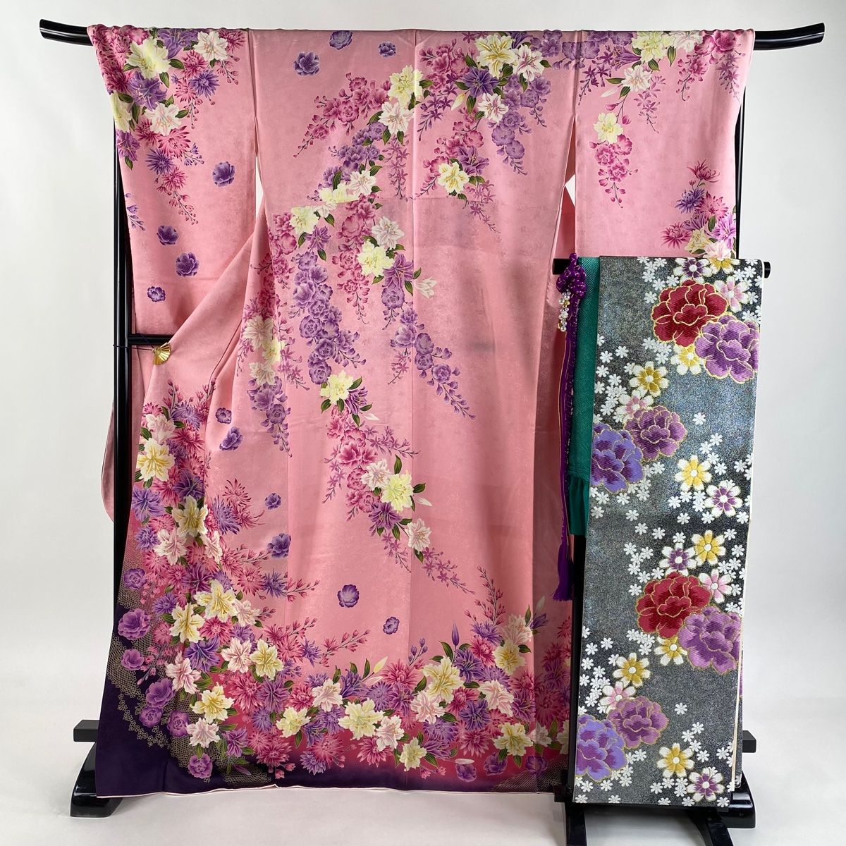 振袖 身丈169cm 裄丈71cm L 袷 袋帯フルセット 落款 百合 菊 箔 金彩