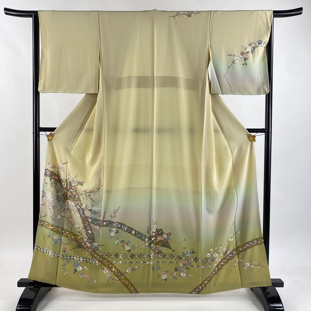 訪問着 袋帯2点セット身丈161cm 裄丈68.5cm L 袷 花 流水 正絹 美品】 訪問着 身丈161.5cm 裄丈64cm M 袷 袋帯セット 花扇 花唐草