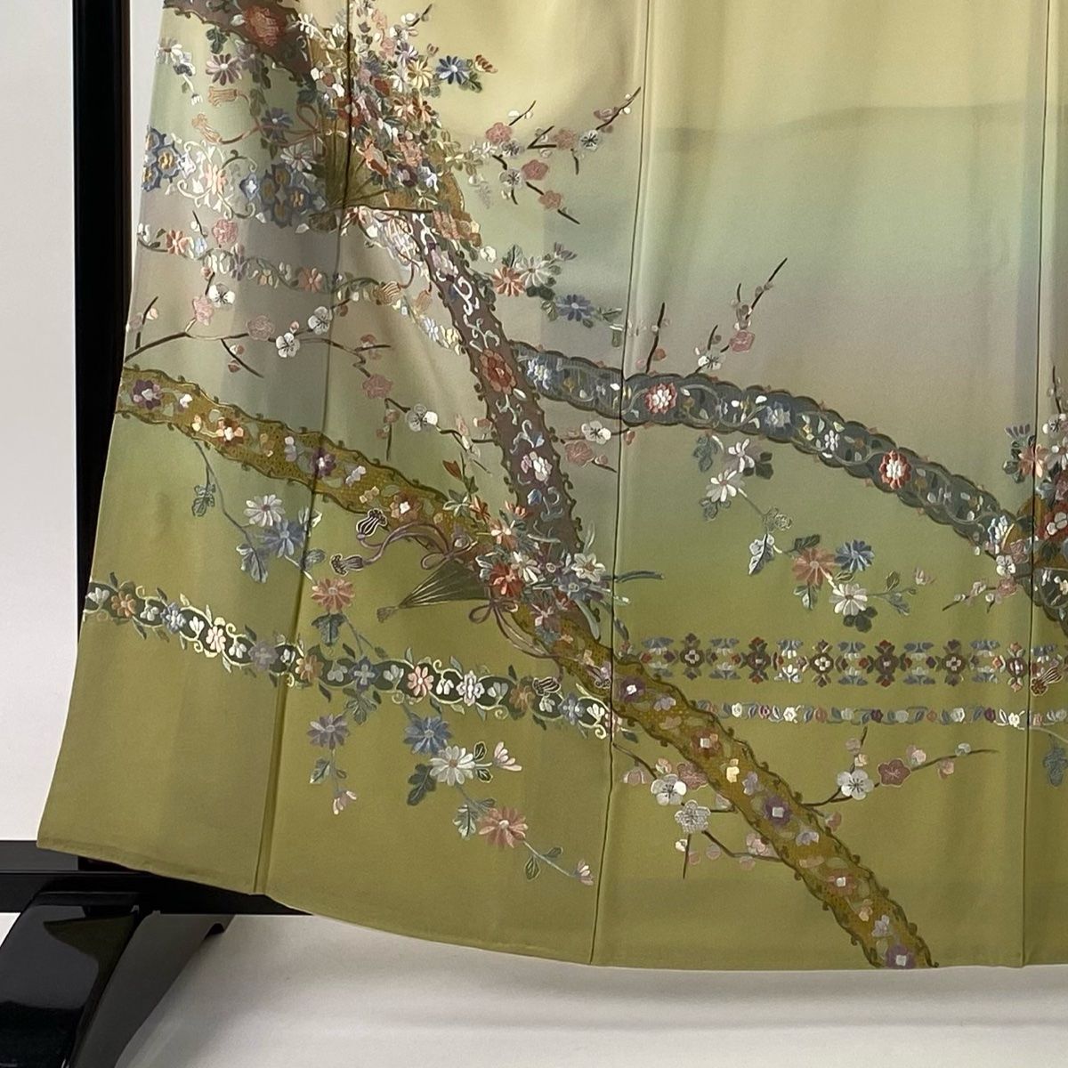 美品】 訪問着 身丈161.5cm 裄丈64cm M 袷 袋帯セット 花扇 花唐草