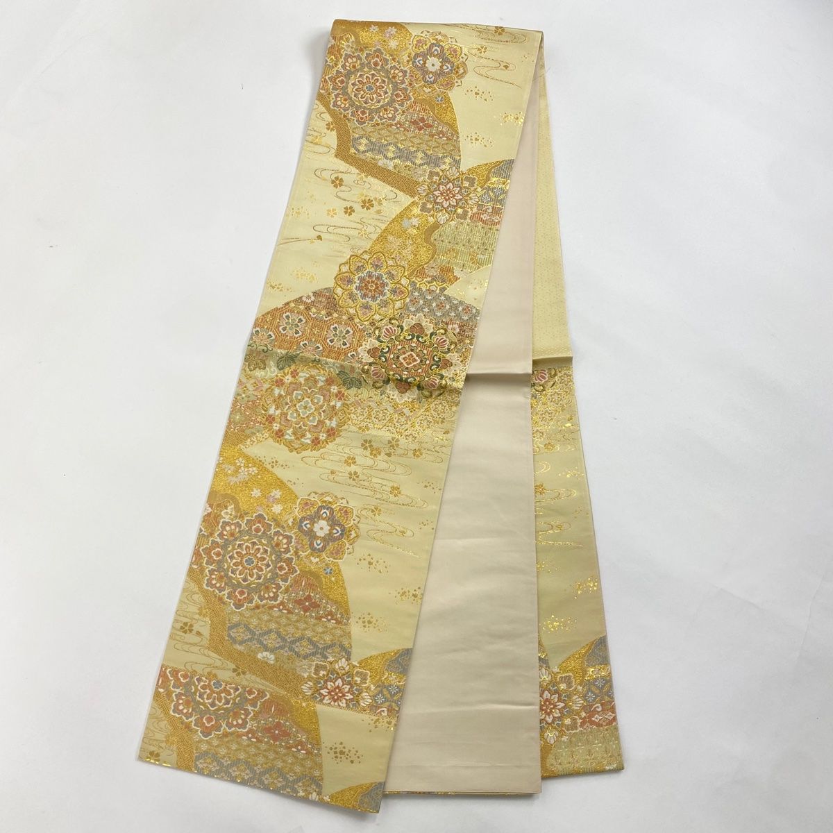 美品】 訪問着 身丈161.5cm 裄丈64cm M 袷 袋帯セット 花扇 花唐草