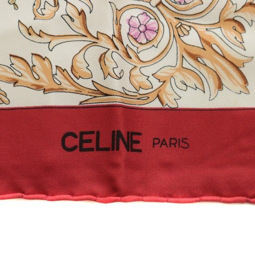 セリーヌ CELINE スカーフ 絹 シルク 大判 馬 タッセル ロゴ 総柄 白