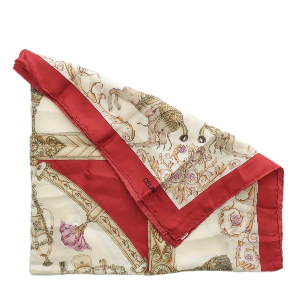 セリーヌ CELINE スカーフ 絹 シルク 大判 馬 タッセル ロゴ 総柄 白