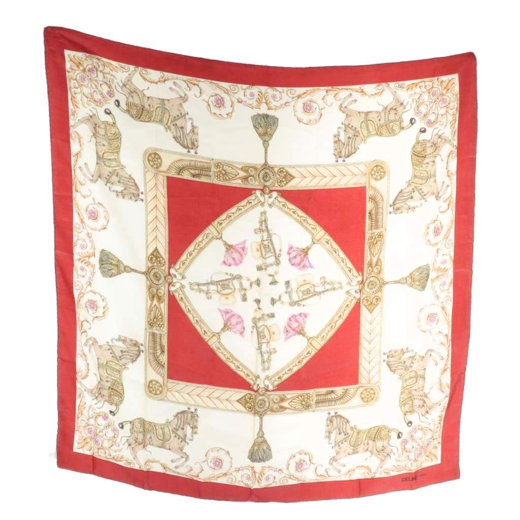 セリーヌ CELINE スカーフ 絹 シルク 大判 馬 タッセル ロゴ 総柄 白