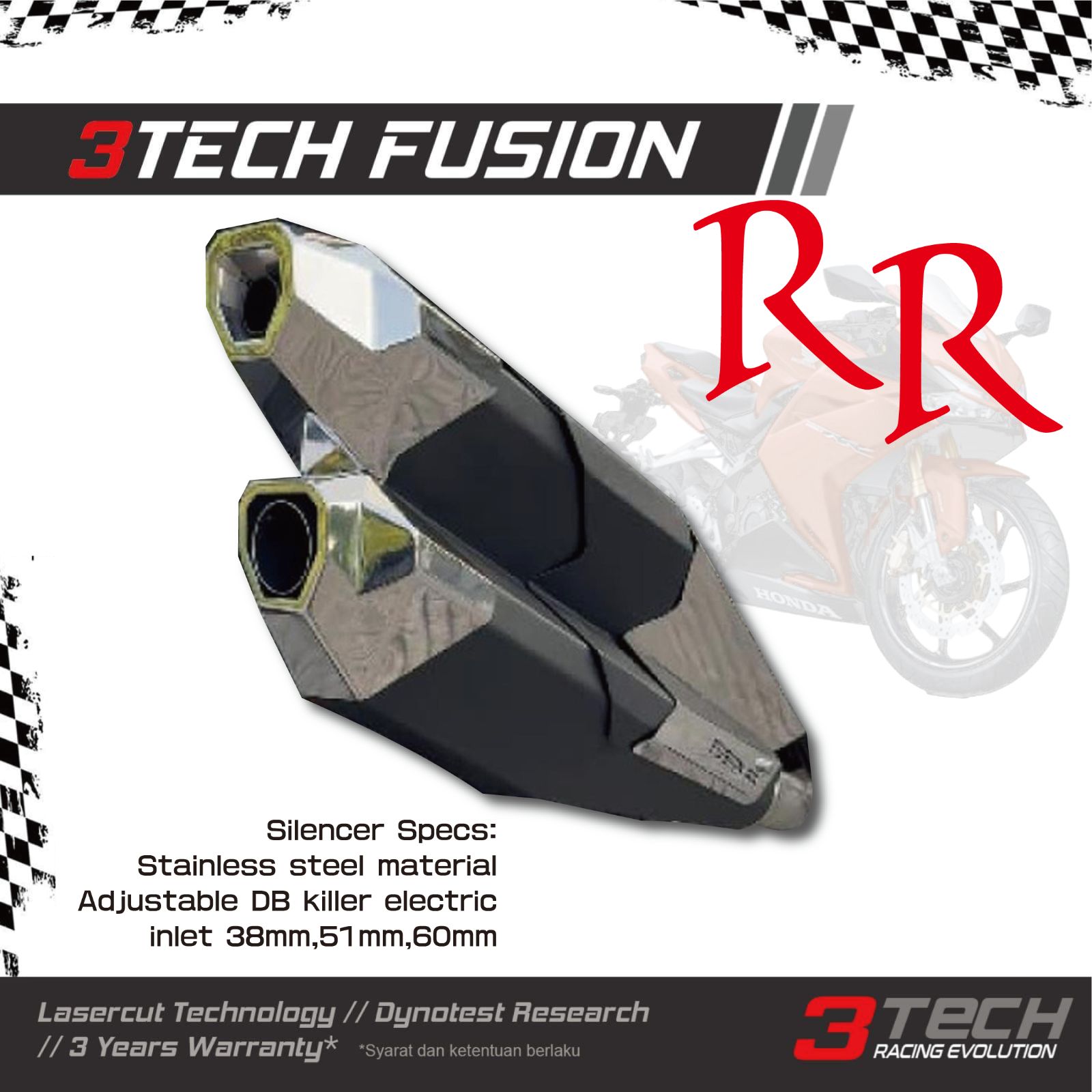 3Tech Racing Fusion RR バイク用 可変バルブ スリップオンマフラー 