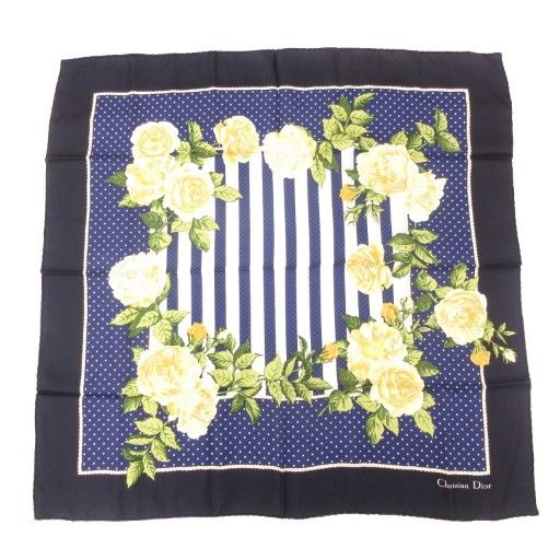 Dior 花柄スカーフ ネイビー・ベージュ Christian Dior 未使用 クリスチャンディオール ハンカチ スカーフ