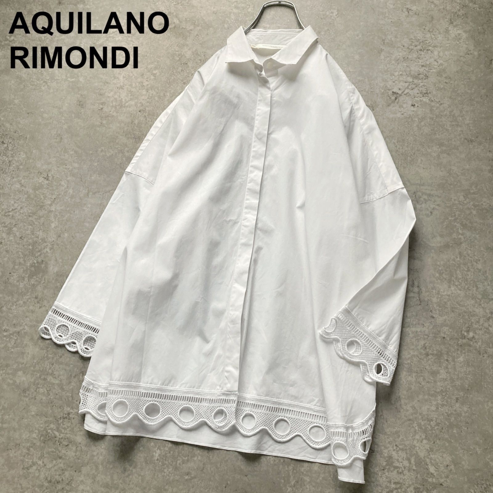 定価10万 ブランド AQUILANO RIMONDI アキラーノ リモンディ デザインシャツ ブラウス チュニック丈 イタリア製 カットワークレースが美しいコットンブラウス ホワイト 白 きれいめカジュアル