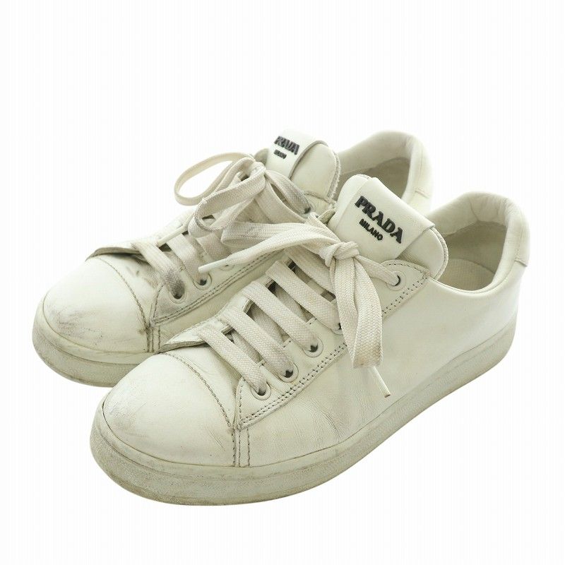 プラダ PRADA スニーカー レザー ローカット ロゴ 37 24cm 白 ホワイト