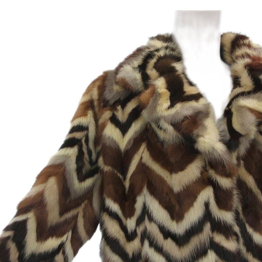 ノーブランド ファーコート 毛皮 ミンク 総柄 ストライプ ハーフ丈 茶
