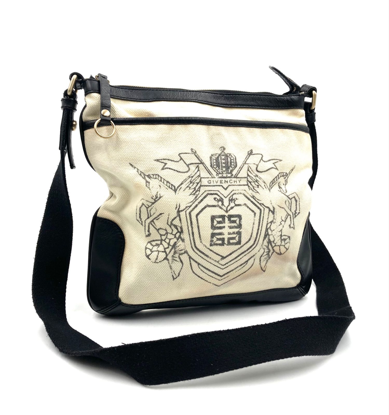 GIVENCHY ジバンシー ジバンシィ ユニコーンエンブレム ショルダーバッグ サコッシュ キャンバス×レザー ホワイト系アイボリー×ブラック 刻印あり ラグジュアリー