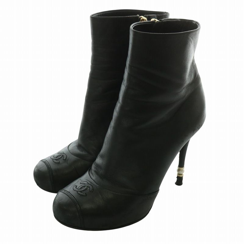 ▲CHANEL/シャネル レザーオーブントゥブーツ フェイクパール ヒール シャネル CHANEL ショートブーツ レザー ラウンドトゥ ハイヒール