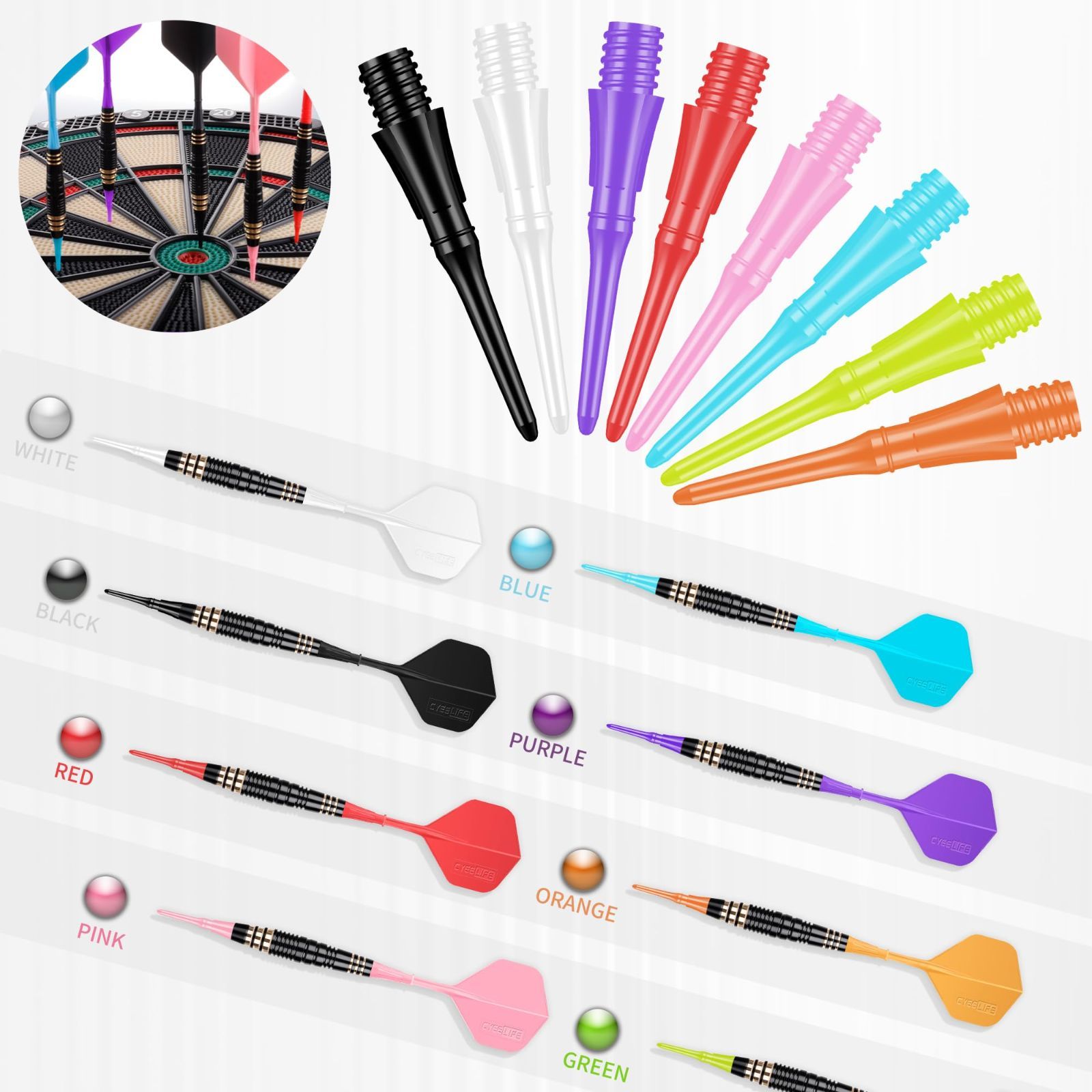 2BAネジ ソフトダーツポイント、ソフトティップ、8色ミックス