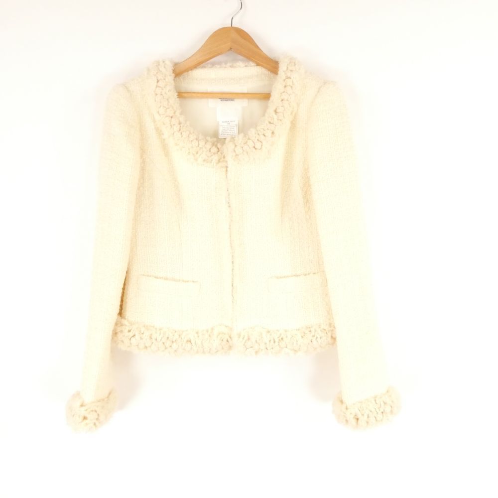 René ツイードノーカラージャケット 34 Rene ルネ ノーカラー ジャケット 34 S ウール 他 ツイード TISSUE