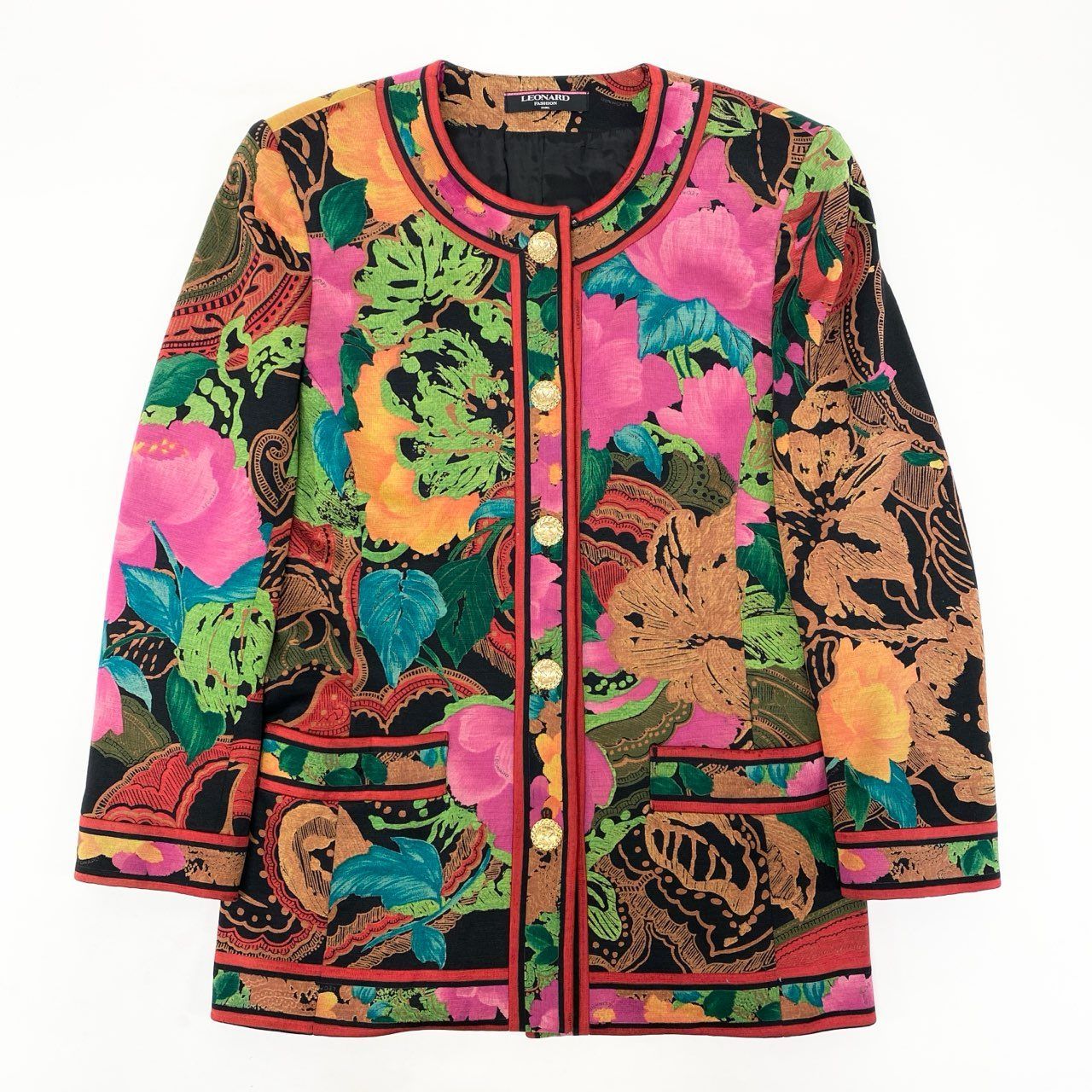 LEONARD レオナール ベロア 花柄ノーカラージャケット シルク 金ボタン 58k22 LEONARD FASHION レオナール ノーカラージャケット ロング