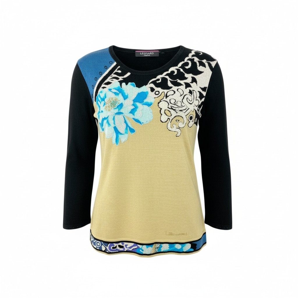 極美品✨レオナール 黒 花柄 シルクニット LL ストーン ビーズ装飾