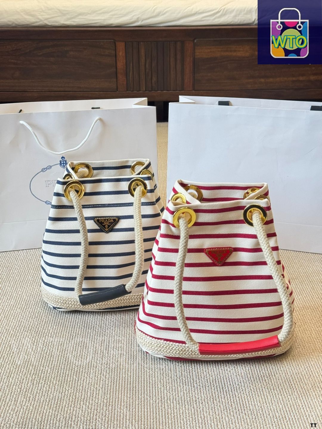 今日特価】Prada プラダ キャンバスストライプバケットバッグ 文芸的な