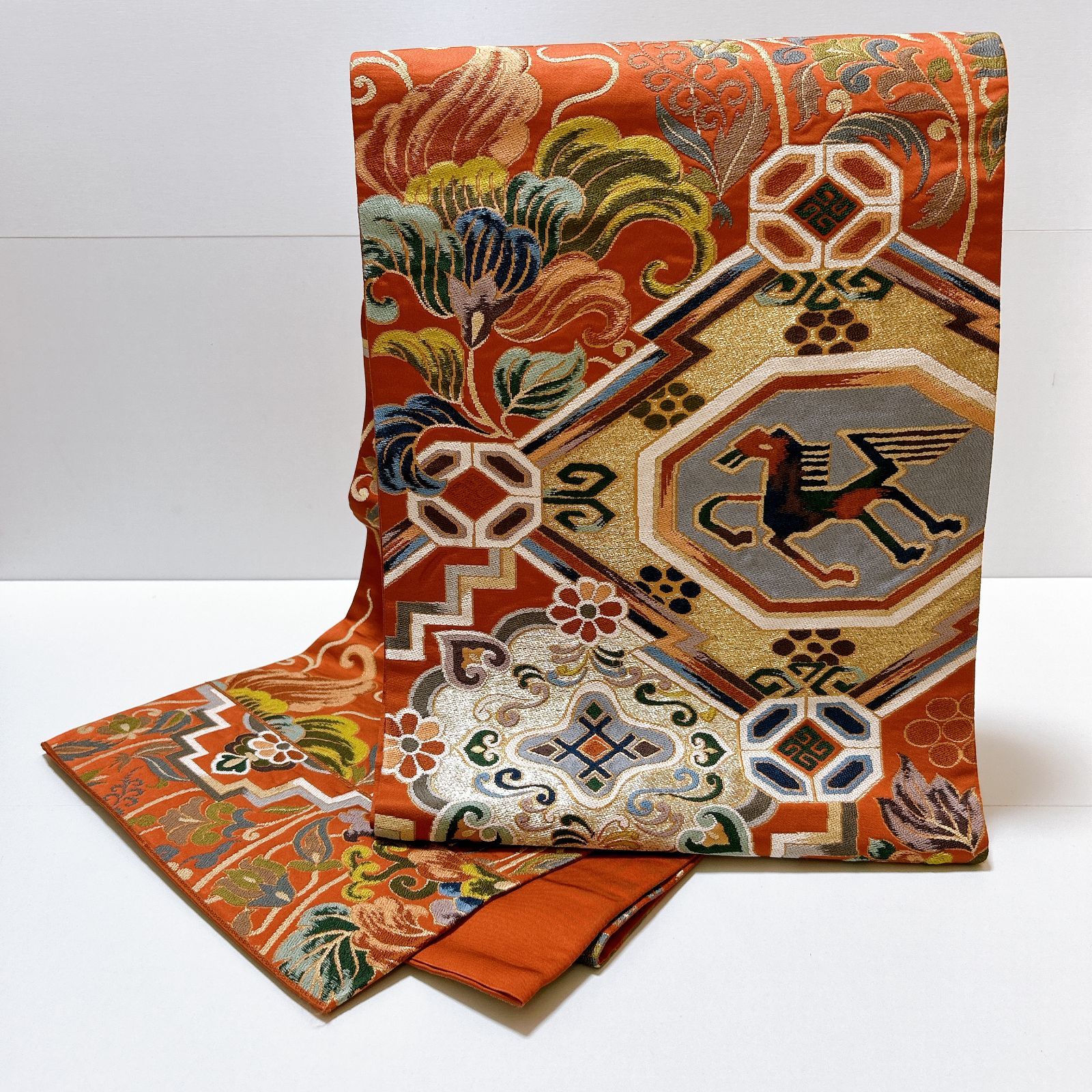 帯 袋帯 オレンジ 柄 動物 花 華やか 昭和レトロ 管理番号