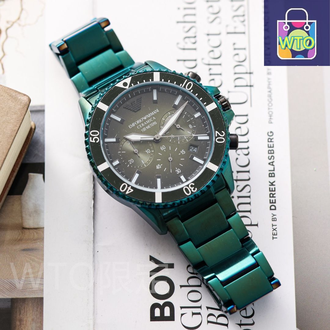 A*R様 美品⭐️EMPORIO ARMANI/アルマーニ⭐️緑色スエードカジュ 今日特価】Armani アルマーニ 六針デザインクロノグラフ ステンレス