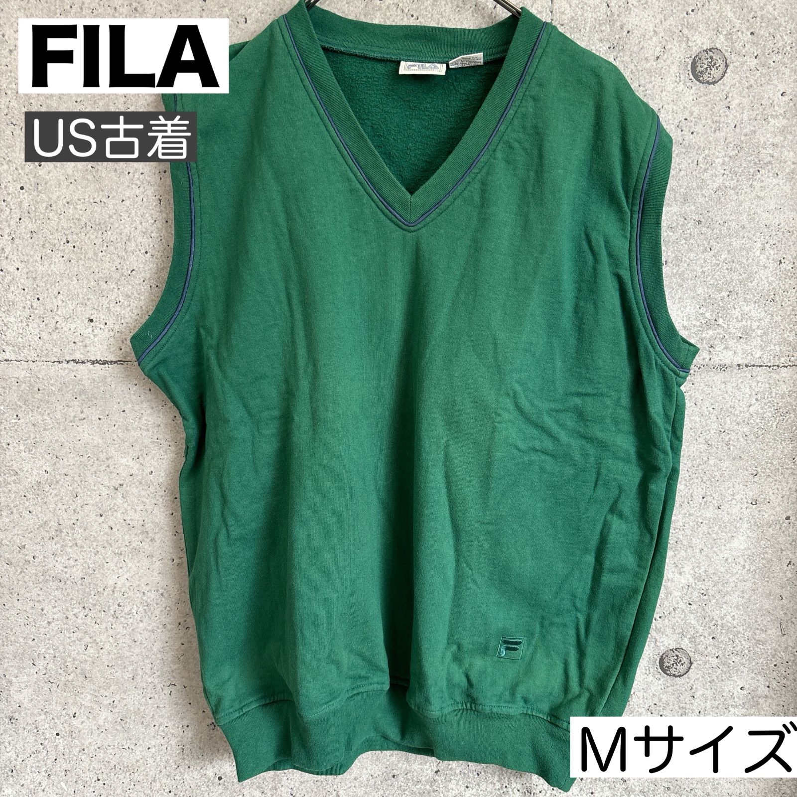 USED】 古着 【中古】FILA ベスト US古着 グリーン コットン100% 刺繍 
